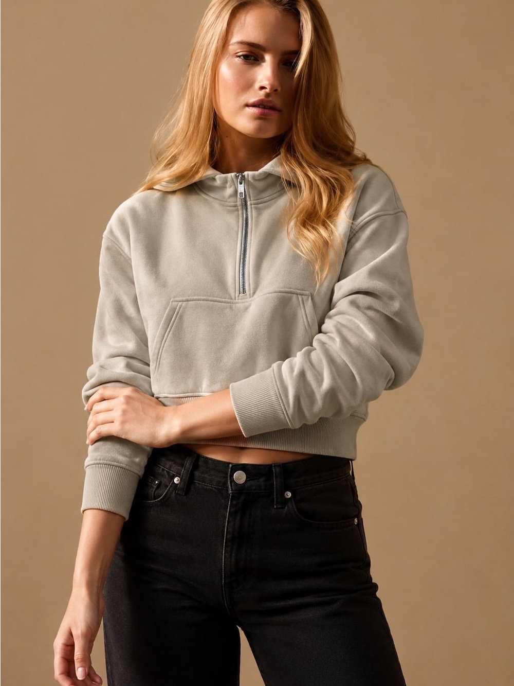 Efan Cropped Half-Zip Hoodie in Light Peachy Tan